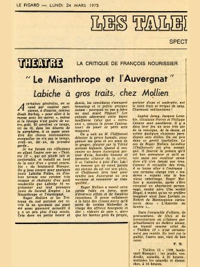 1974 Le Misanthrope et l’auvergnat Eugène- Labiche Mise en scène Roger Mollien Presse Le Figaro