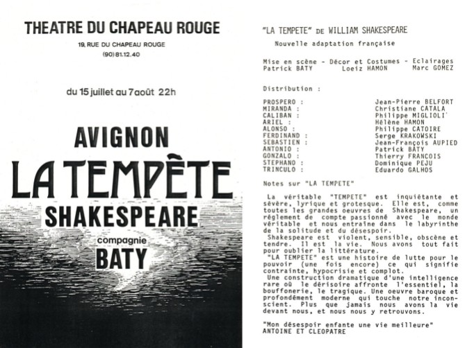 1979 La Tempête de Shakespeare Mise en scène Patrick Baty Programme