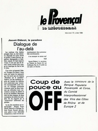 1989 Jouvet Diderot Mise en scène Bernard Djaoui Presse Le Provençal